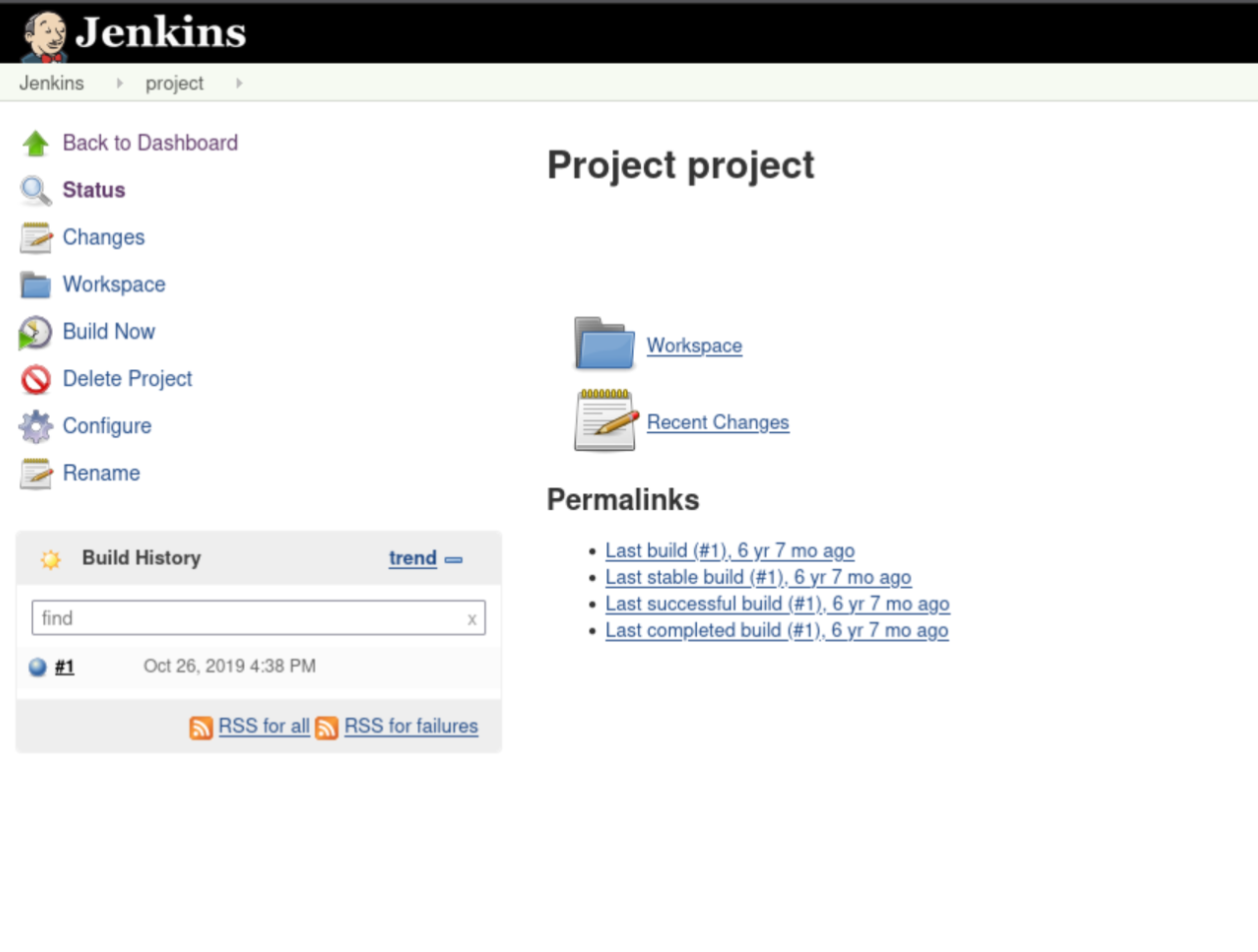 Jenkins project left pane showing Configure and Build Now options